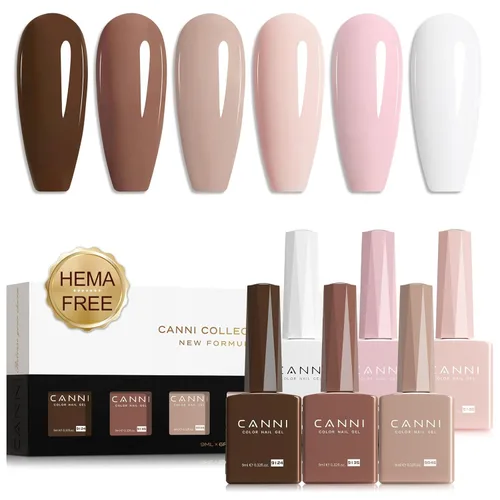 CANNI Kit de esmalte de uñas de gel, 6 colores, rosa nude, 0.3 fl oz, tonos de piel, uñas francesas, marrón neutro, kit de uñas de gel para remojar,