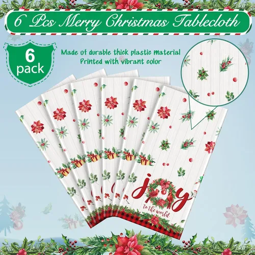 Miniatura 4 de 6 manteles de plástico de Navidad, manteles rectangulares desechables con guirnalda de acebos, manteles de Pascua de alegría al mundo y bayas