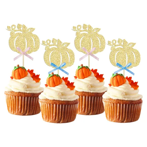 Miniatura 16 de Gyufise 24 piezas de decoración de cupcakes de calabaza con purpurina para temática de otoño, Acción de Gracias, Halloween, baby shower, niños