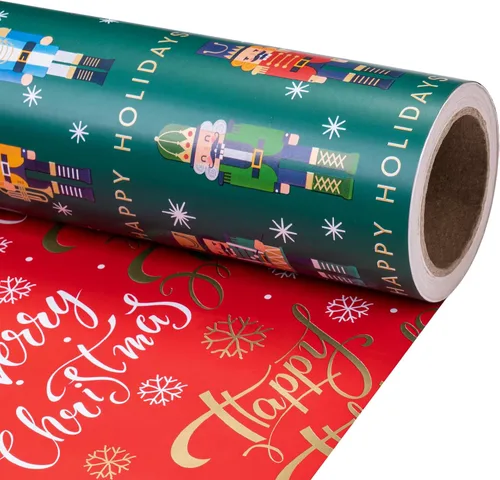 RUSPEPA - Rollo de papel de regalo reversible - Rollo mini - diseño de Nueveador de nueces de Navidad y felices fiestas, ideal para Navidad, fiesta,