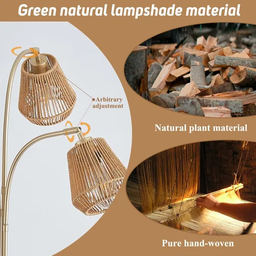 Miniatura 9 de Lámpara de pie dorada de ratán para sala de estar, lámpara de pie boho de 72 pulgadas de alto con interruptor giratorio, lámpara de arco de 3 luces