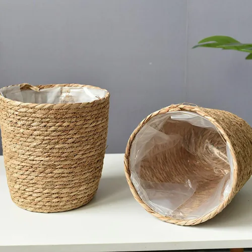 Miniatura 6 de FOMIYES Maceta de paja tejida para decoración del hogar, macetas de hierba marina, cesta de jardín para plantas de jardín, jarrón de ratán
