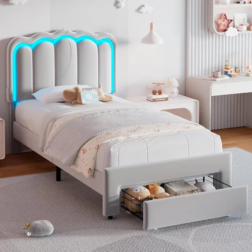 Miniatura 11 de Base de cama LED tapizada tamaño matrimonial con 2 cajones de almacenamiento y cabecera doble ondulada ajustable, cama de plataforma de terciopelo