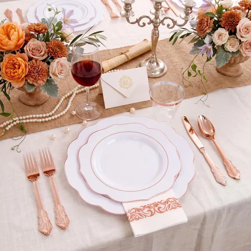 Miniatura 5 de NOCCUR 175 platos de plástico color oro rosa con cubiertos desechables, incluye 25 platos de cena, 25 platos de postre, 25 tenedores, 25 cuchillos