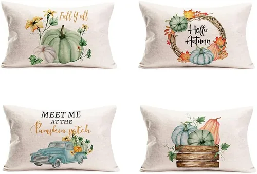 Miniatura 6 de Fukeen Juego de 4 fundas de almohada decorativas de calabaza para el hogar, 16 x 16 pulgadas, juego de 4 flores de hoja de arce con camión azul