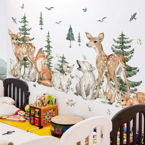 Miniatura 4 de Amaonm - 4 hojas de 12 x 36 pulgadas, calcomanías de pared de árbol de bosque gigante, bosque, ciervo, oso, conejo, zorro, ardilla, pájaros, pino