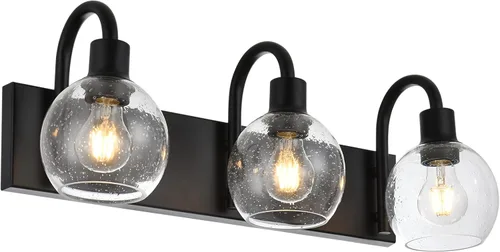Miniatura 9 de Accesorios de iluminación de tocador de baño negros de 5 luces sobre espejo, iluminación moderna de pared con apliques de vidrio esmerilado