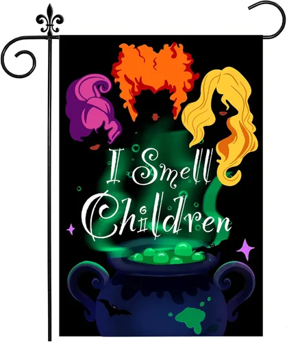 Bandera de jardín de Halloween, bandera de jardín con texto en inglés "I Smell Children", bandera de bruja Hocus Pocus para exteriores, bandera de