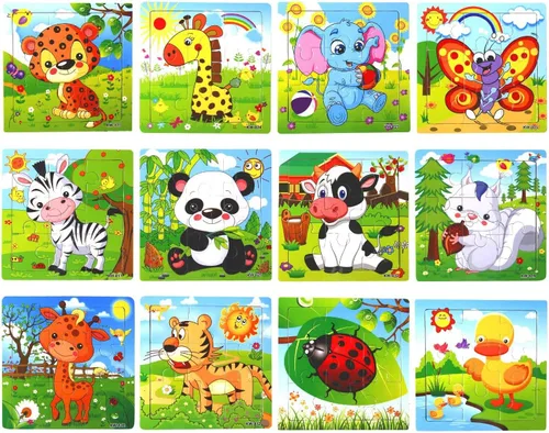 Miniatura 2 de SANNIX Paquete de 12 rompecabezas para niños pequeños, rompecabezas de animales de madera, 9 piezas con 12 bolsas organizadoras para niños de 2, 3