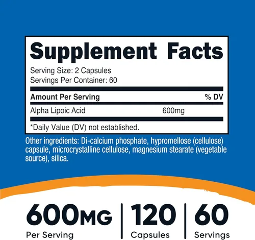 Miniatura 2 de Suplemento Nutricost Ácido Alfa Lipoico 600 mg por porción, 120 cápsulas, 60 porciones - Cápsulas vegetales, sin OMG