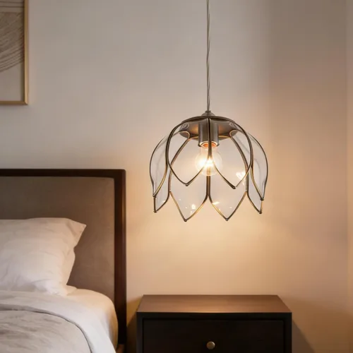 Lámpara colgante de latón con diseño de loto vintage, de cristal, ajustable, para cocina, isla, comedor, dormitorio, sala de estar, transparente