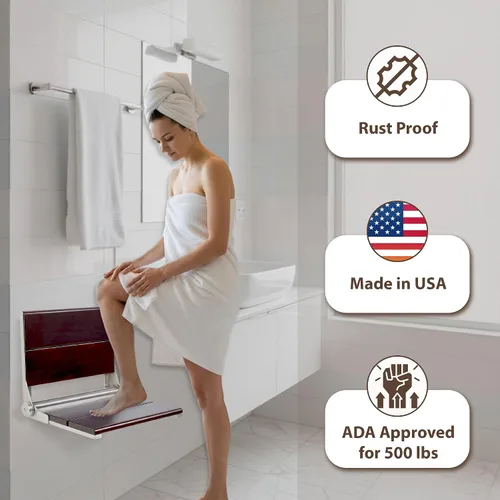 Miniatura 3 de Asiento de ducha plegable montado en la pared con respaldo Capacidad de carga máxima de 500 libras Asiento de ducha de teca compatible con ADA