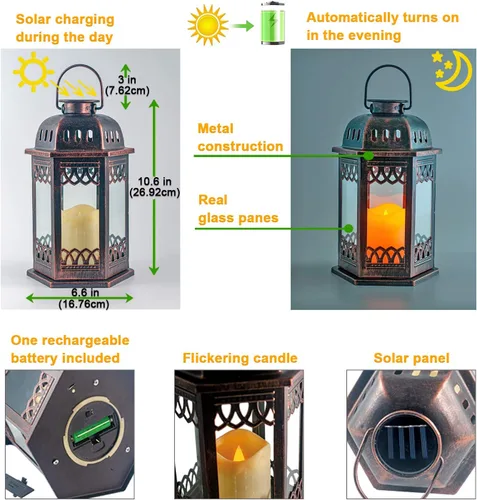 Miniatura 2 de Paquete de 2 faroles solares de bronce, faroles colgantes retro ornamentados con asa, linterna para exteriores con vela LED parpadeante, 6.60 x 6.60