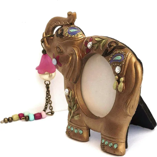 Miniatura 4 de Marco de fotos de elefante indio dorado pequeño con flores pintadas, decoración bohemia bohemia acentos decoraciones