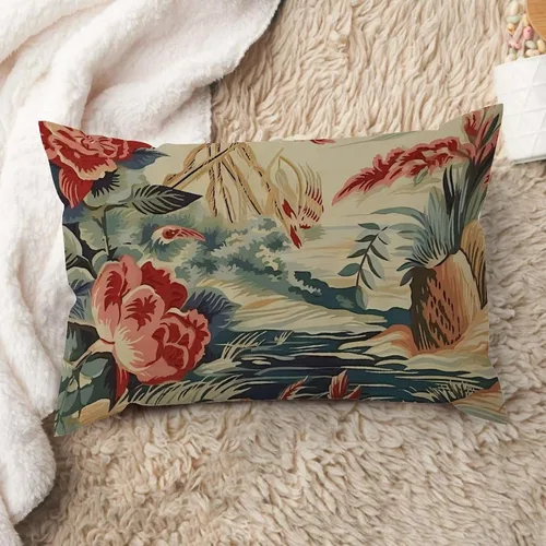 Miniatura 11 de ArogGeld Funda de cojín lumbar asiática de estilo chinoiserie, de lino marrón, pájaro y flor, funda de almohada asiática para sala de estar, A-6