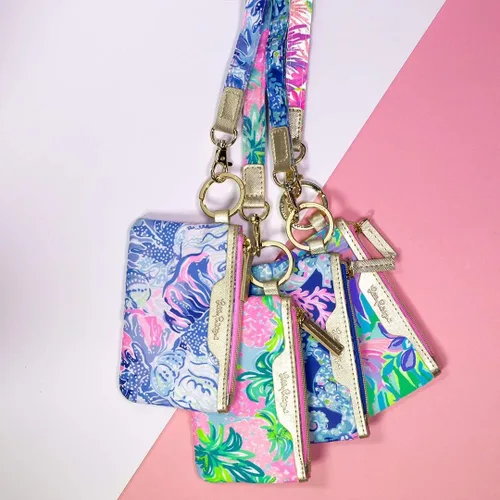 Miniatura 4 de Lilly Pulitzer Cartera con soporte para identificación, cartera azul con llavero con cierre de cremallera, bonita tarjeta y funda de identificación
