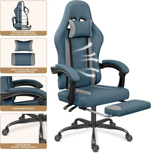 Miniatura 6 de Silla de juegos de tela transpirable con reposapiés, silla de juegos de altura ajustable, silla de videojuegos para sala de juegos, sala de estar