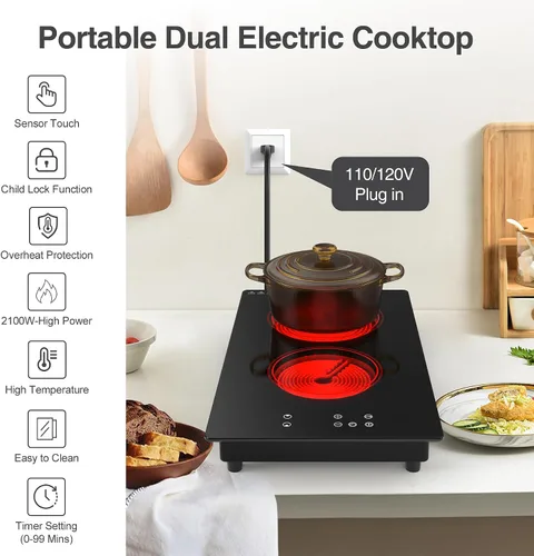 Miniatura 4 de GIHETKUT Placa de Cocción Eléctrica, Estufa Eléctrica Empotrable y de Encimera, Quemador Eléctrico de 2100W 110V, 9 Niveles de Calentamiento