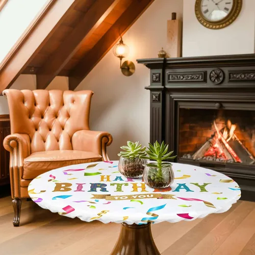 Miniatura 8 de Mantel redondo ajustable de feliz cumpleaños, con diseño de rayas de colores, diseño de lunares, elástico, impermeable, para interiores