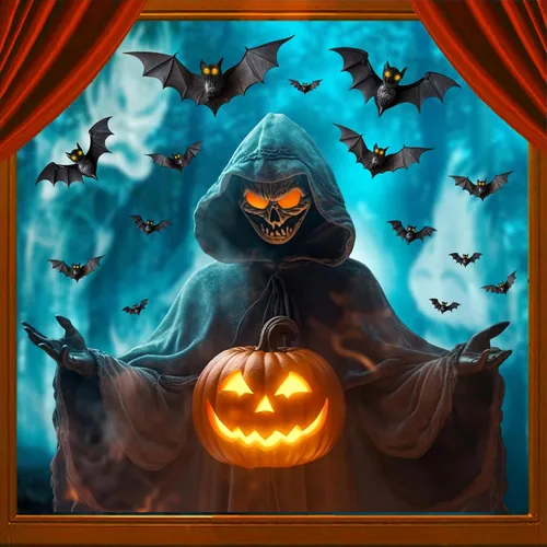 Miniatura 9 de Decoración de pared de Halloween, calcomanías de Halloween 3D para ventana falsa, despegar y pegar, calabazas, esqueleto, murales artísticos