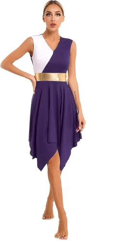 Miniatura 36 de easyforever Vestido de baile sin mangas con bloques de color para mujer, alabanza litúrgica, ropa de baile lírico, vestido de bata de adoración