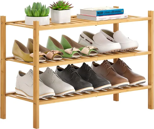 Miniatura 9 de Zapatero de bambú apilable para zapatos, organizador de almacenamiento para unidad, entrada, pasillo y armario, estante resistente independiente