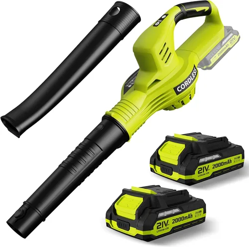 Soplador de hojas inalámbrico, potente soplador eléctrico de hojas de 21 V con 2 baterías y cargador, 2 modos de velocidad, sopladores de hojas