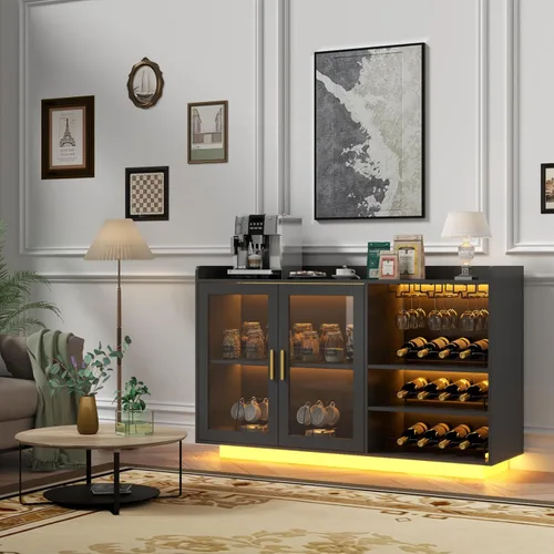 Miniatura 3 de Gabinete de barra de vino Loomie con luces LED, barra de café flotante con estante de vidrio y estantes de vino removibles, aparador buffet moderno