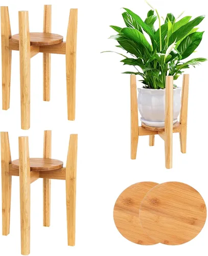 Miniatura 12 de Soporte ajustable para plantas con bandeja, soporte de madera para plantas de interior para macetas de 8 a 12 pulgadas, moderno soporte para macetas