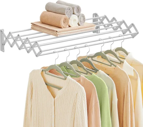 Miniatura 9 de SONGMICS Estante de secado de ropa, estante de secado de ropa montado en la pared, pequeño estante de lavandería acordeón, 9 varillas colgantes