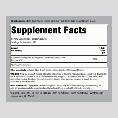 Miniatura 2 de Piping Rock Cápsulas probióticas de Acidophilus 240 unidades 1 mg 250 millones de UFC para hombres y mujeres Suplemento sin OMG, sin gluten