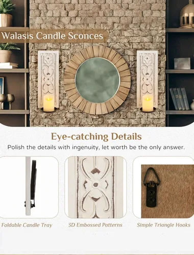 Miniatura 6 de Apliques de Velas Rústicos Decoración de Pared Juego de 2 - Walasis Portavelas de Pared de Madera para Granja Blanco Boho Aplique de Vela Arte