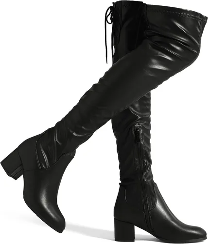 DREAM PAIRS Laurence - Botas de tacón alto y grueso para mujer, por encima de la rodilla, largas, elásticas y sexis, para otoño