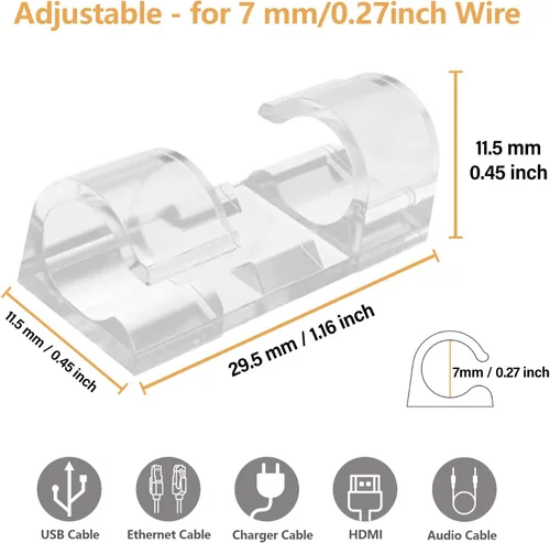 Miniatura 3 de 60 piezas de clips para cables transparentes con adhesivo de 3M, soportes de cables debajo del escritorio, gestión de cables para pared, coche