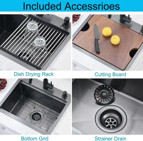 Miniatura 7 de Fregadero de cocina/bar negro empotrable de 20 x 17 pulgadas, estación de trabajo de acero inoxidable calibre 16, fregadero pequeño para cocina