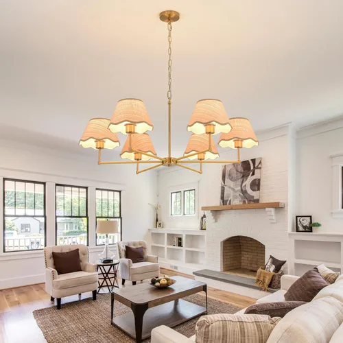 Miniatura 3 de Candelabro de ratán bohemio de 6 luces de 39 pulgadas, lámpara colgante de ratán con pantalla tejida a mano, altura ajustable, lámpara de comedor