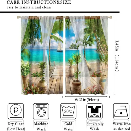 Miniatura 2 de Cortinas de paisaje, ventana tropical con vista al mar, océano, playa, barco, cortinas con estampado de palmeras para dormitorio, sala de estar, Mar