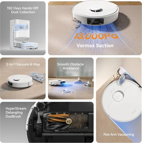 Miniatura 10 de DREAME Aspiradora robot D20 Pro Plus, succión de 13,000 Pa, DuoBrush para pelo de mascotas, limpieza de esquinas, vaciado automático, prevención