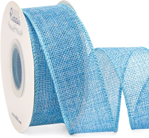 Ribbli Cinta con alambre de arpillera azul bebé, 1-1/2 pulgadas x 10 yardas continuas, cinta de borde con alambre para lazo grande, corona,