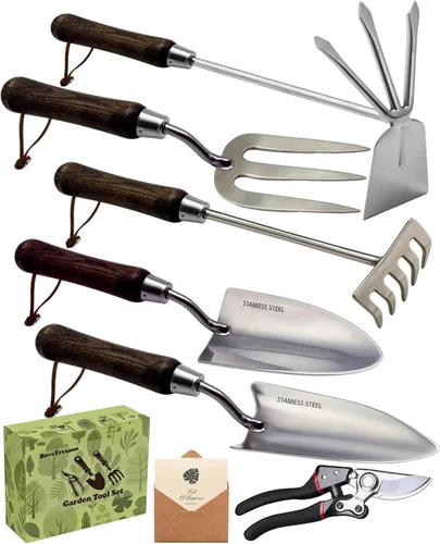 Miniatura 8 de Juego de herramientas de jardín, 6 herramientas de mano de jardinería de acero inoxidable resistente con cuerdas, incluye cultivador de mano, pala
