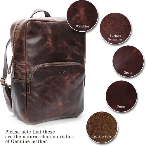 Miniatura 6 de Mochila de cuero hecha a mano para hombres y mujeres, bolsa para laptop de 15.6 pulgadas, cuero genuino, estilo retro, casual, para universidades