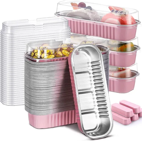 Miniatura 10 de Qunclay 200 mini moldes de papel de aluminio con tapas, 6.8 onzas, mini molde desechable para pasteles con tapa, tazas rectangulares para hornear