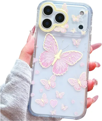 Miniatura 21 de Funda transparente con chispas brillantes para iPhone 15 Pro Max para mujeres y niñas, patrón de mariposas doradas, rosa y azul, funda protectora