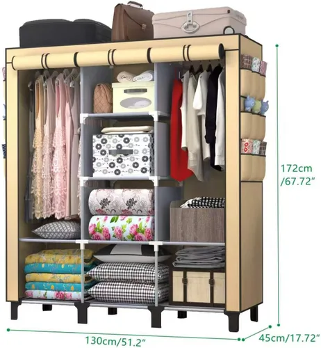 Miniatura 5 de Armario portátil con 10 estantes de almacenamiento y 2 postes para colgar, 18 bolsillos laterales no tejidos, tamaño 51.2 x 17.7 x 67.7 in, Beige