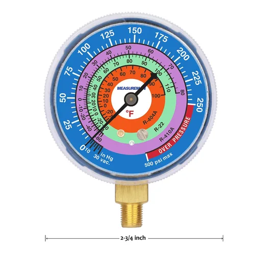 Miniatura 6 de Measureman Medidor de presión de refrigeración, esfera de 2-3/4", esfera azul y esfera roja, montaje inferior NPT de 1/8", 30inHg-0-250psi y kit