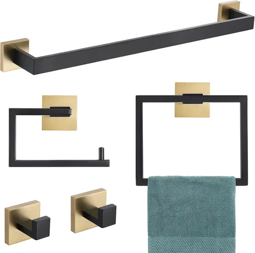 YACVCL Juego de 5 piezas de accesorios para baño, juego de toallero negro y dorado, barra de toalla de 23.6 pulgadas, soporte para toallas de mano