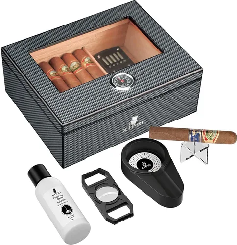 Miniatura 8 de XIFEI Humidor de puros, textura de fibra de carbono superior de vidrio con higrómetro digital, incluyendo humidificador de puros, divisor, caja