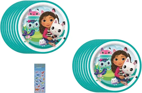 Gabbys - Paquete de suministros para fiesta de cumpleaños de casa de muñecas que incluye platos de papel para pastel de postre, 16 unidades