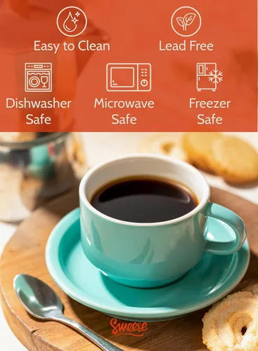 Miniatura 3 de Sweese - Juego de 4 tazas de espresso apilables de porcelana de 4 onzas con platillos y soporte de metal, color turquesa