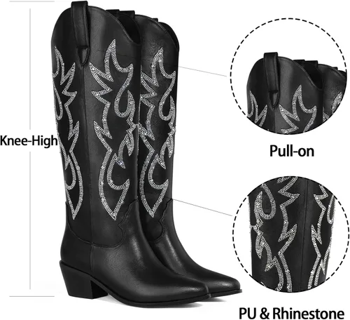 Miniatura 5 de Ouepiano Botas vaqueras para mujer, botas de vaquera con diamantes de imitación brillantes, punta de almendra, tacón bajo, meter, Westerm, a